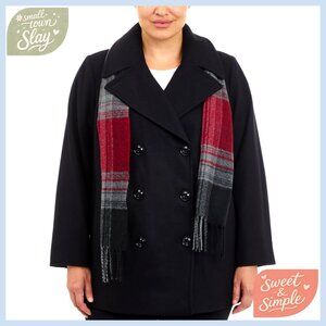 Plus Size Wool Peacoat with Scarf Double Breasted Long Sleeve Winter Coat